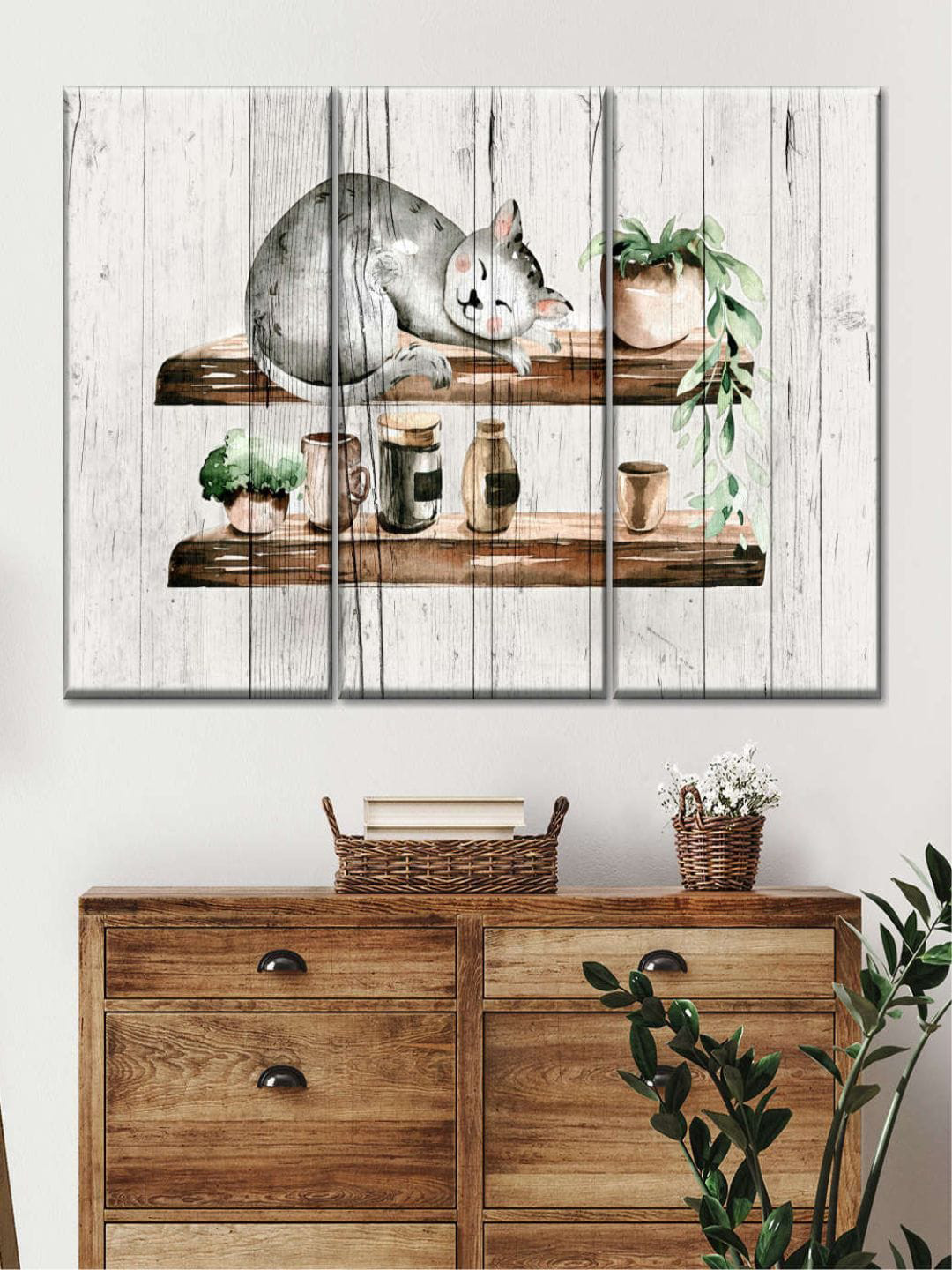 POSTERS AND TRUSS Sleepy Cat On Wood Canvas 3 Piece Wall Paintings Wall Art - 30 x 20 In