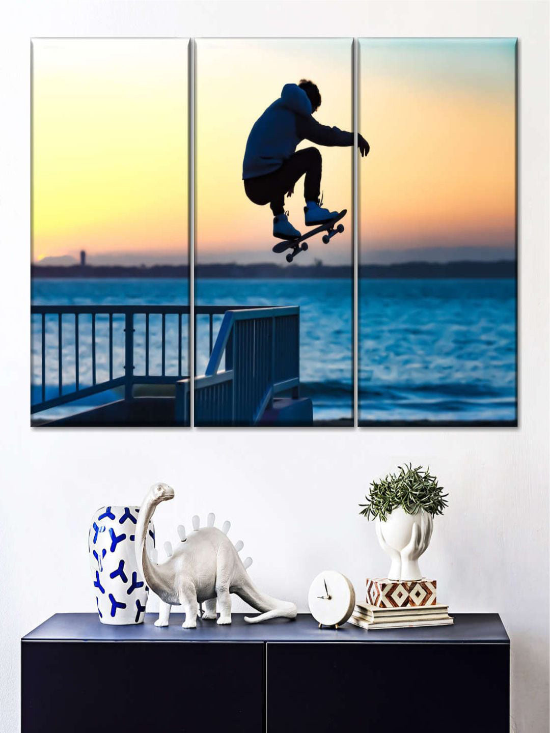 POSTERS AND TRUSS Blue & Orange Colored 3 Pieces Beachside Skateboard Jump Wall Art