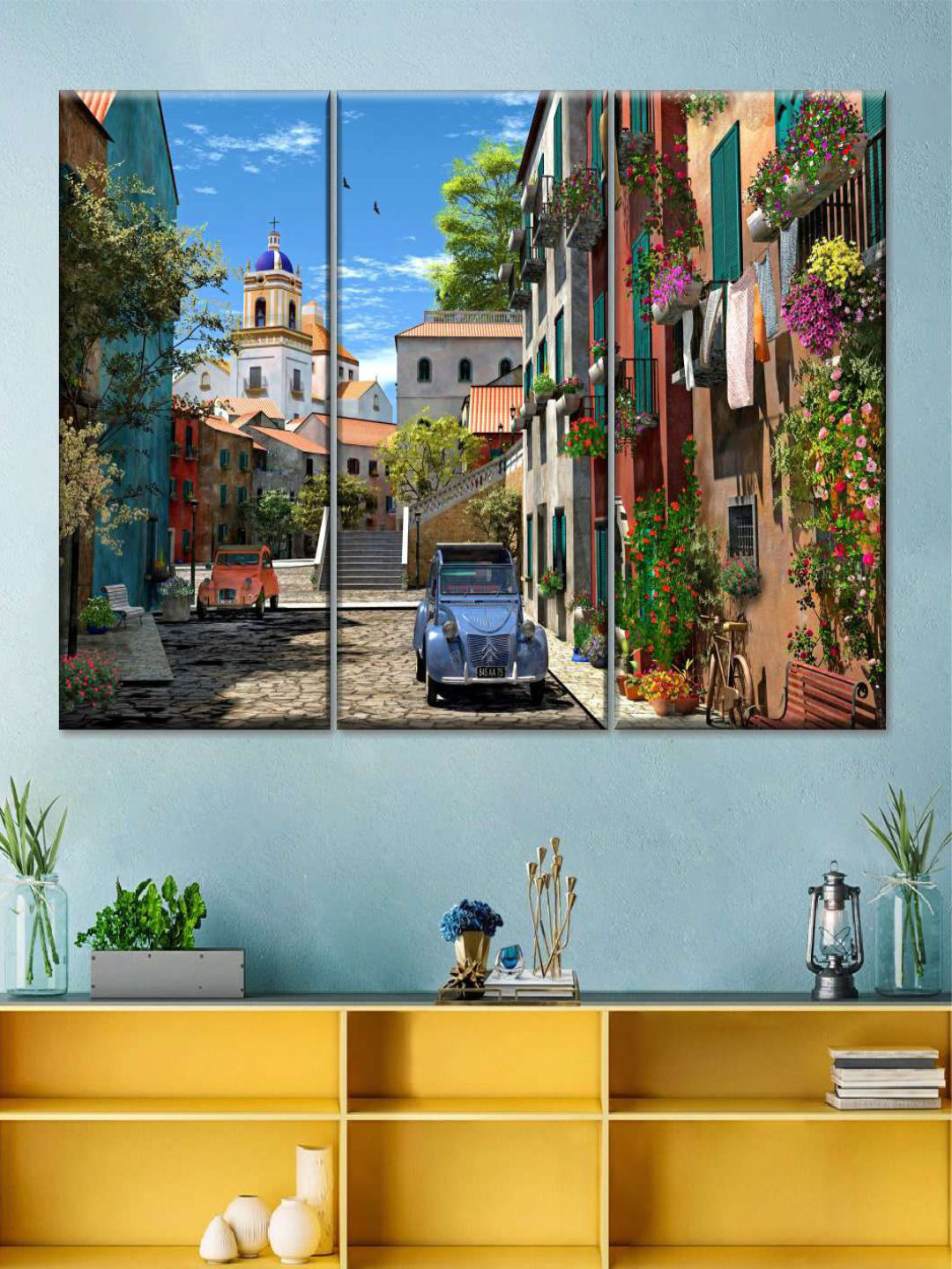 POSTERS AND TRUSS Green & Blue 3 Pieces Mediterranean Morning Painting Wall Art