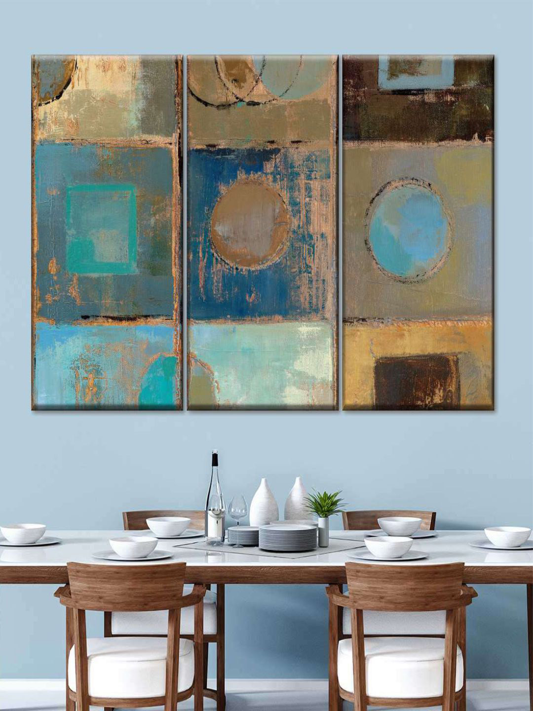 POSTERS AND TRUSS Blue 3 Pieces Pass Way III Abstract Printed Framed Wall Painting
