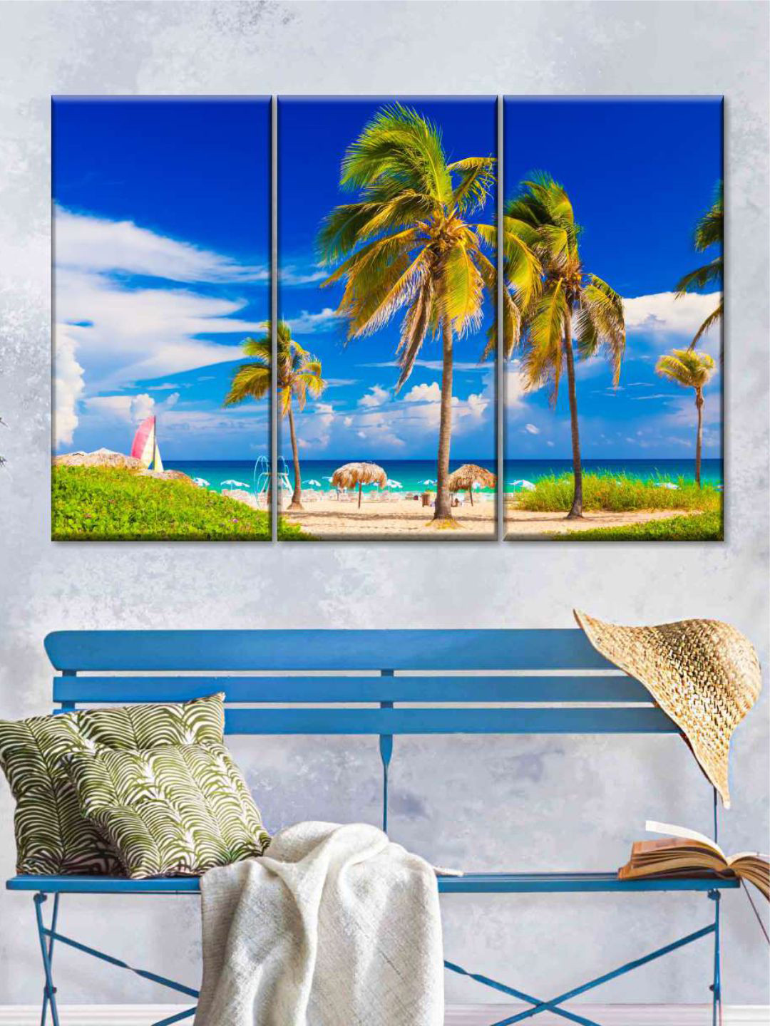 POSTERS AND TRUSS Green & Blue 3 Pieces Varadero Beach Cuba Painting Wall Art