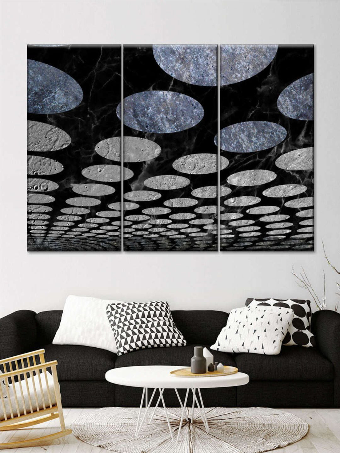 POSTERS AND TRUSS Black & Grey 3 Pieces Circular Infinity Painting Wall Art