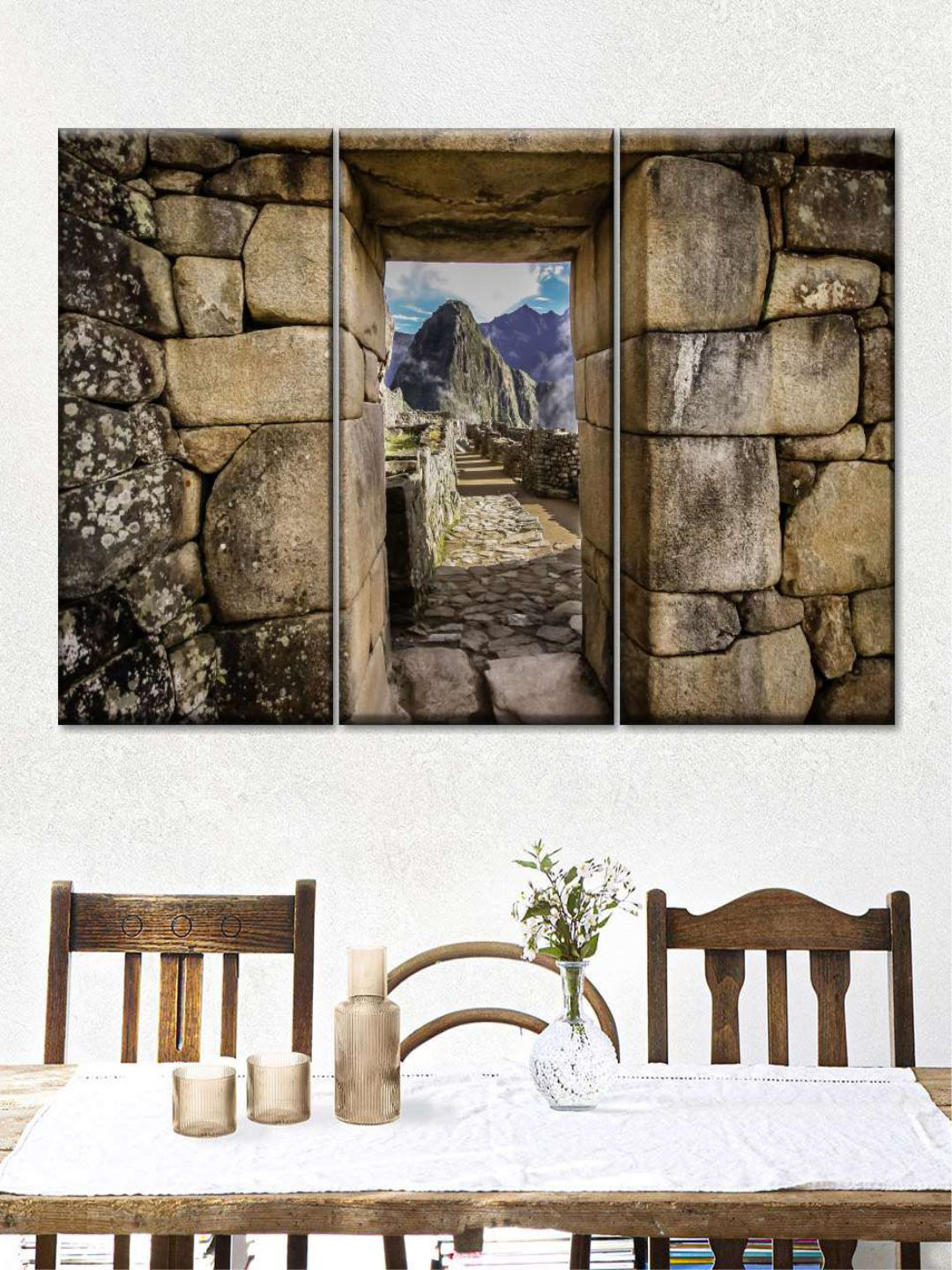 POSTERS AND TRUSS Brown & Blue 3 Pieces Machu Picchu Doorway Painting Wall Art