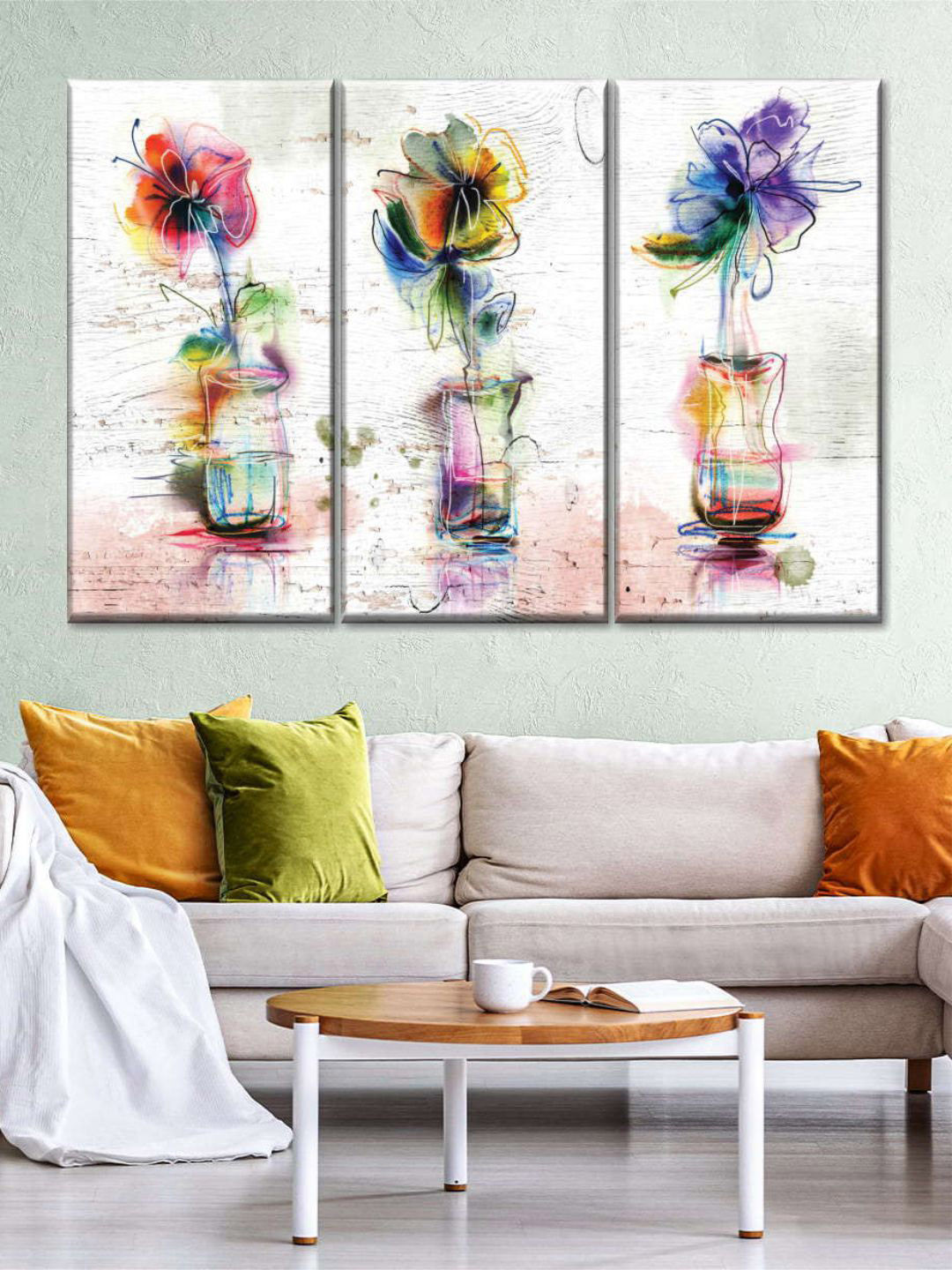 POSTERS AND TRUSS White 3 Pieces Rustic Colorful Flowers Painting Wall Art