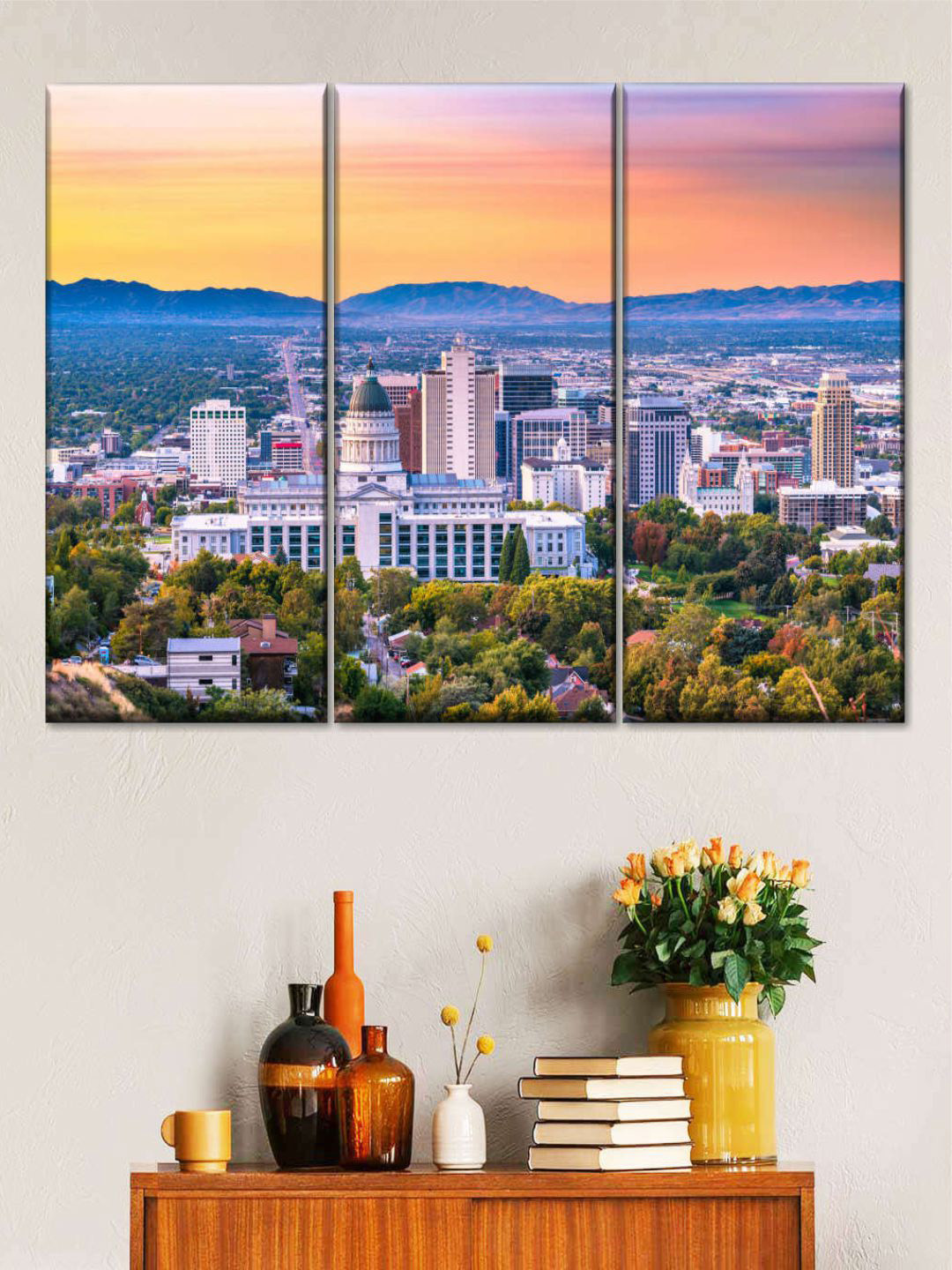 POSTERS AND TRUSS Blue & Green 3 Pieces Salt Lake City Landscape Painting Wall Art