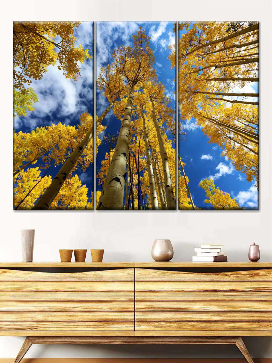 POSTERS AND TRUSS Blue & Yellow 3 Pieces Leafed Aspens Painting Wall Art