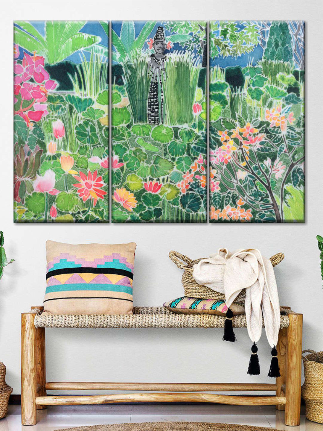 POSTERS AND TRUSS Green & Pink 3 Pieces Lotus Pond Ubud Bali Painting Wall Art