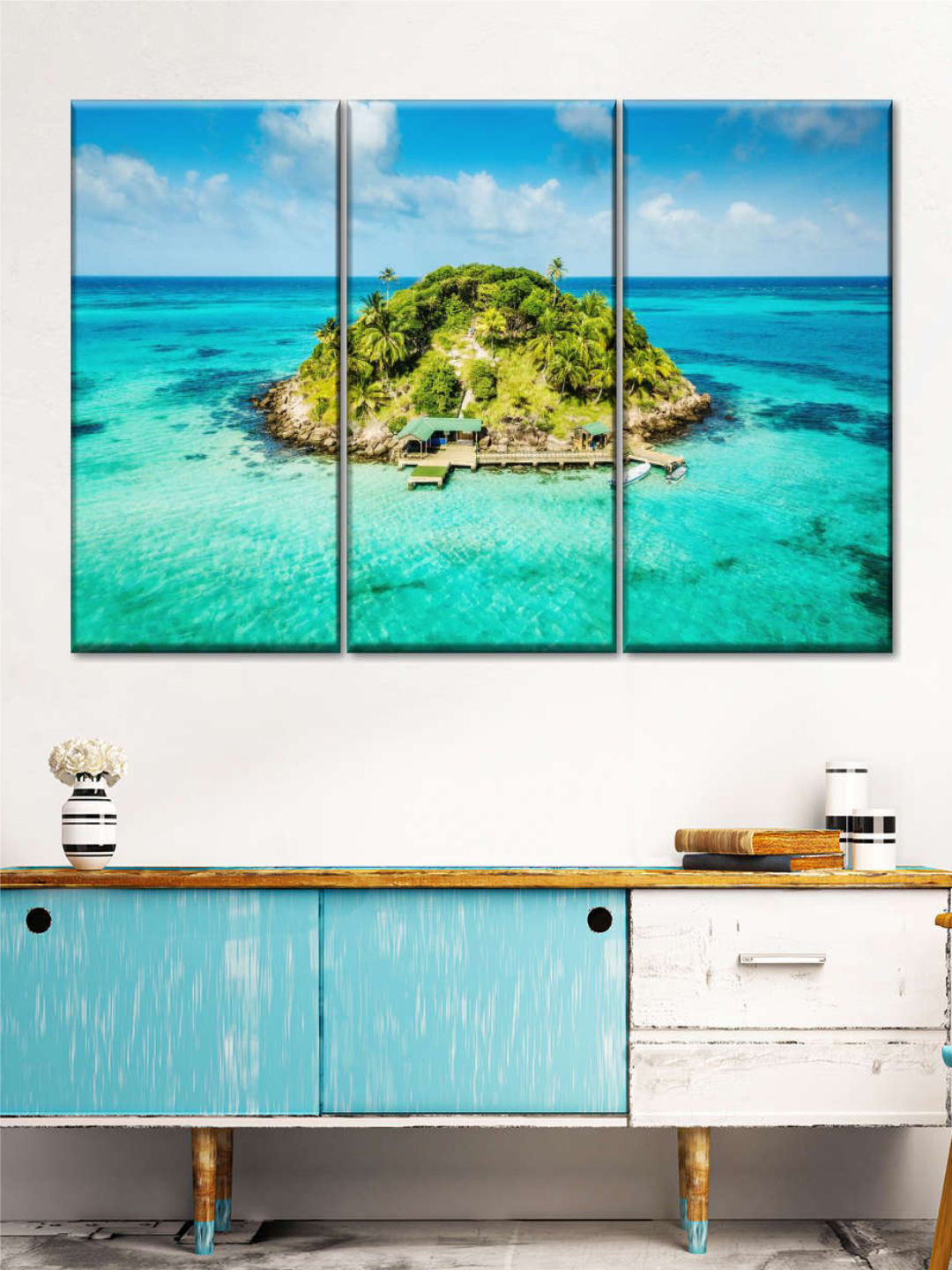 POSTERS AND TRUSS Blue & Green 3 Pieces San Andres Island Colombia Painting Wall Art