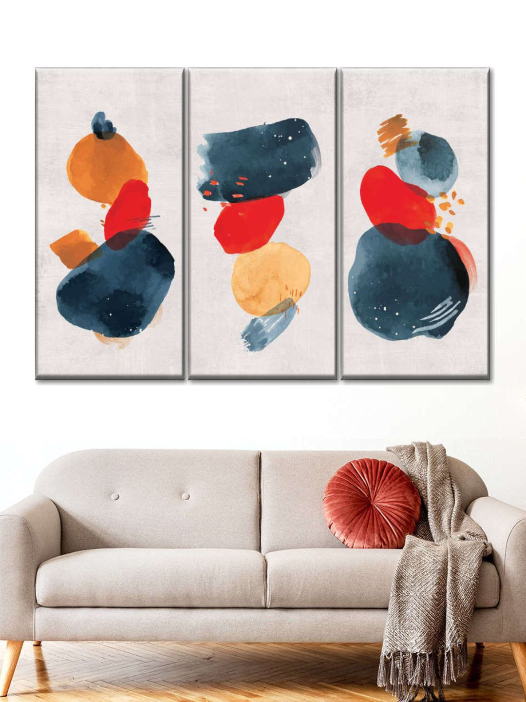 POSTERS AND TRUSS Red & Blue 3 Pieces Watercolor Blotches Canvas Set  Painting Wall Art