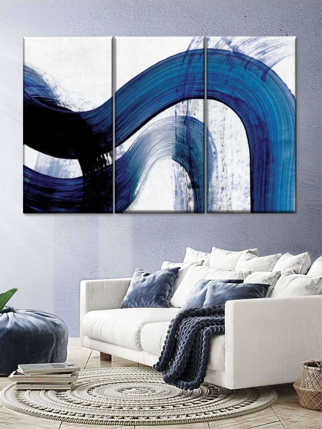 POSTERS AND TRUSS Blue & White 3 Pieces Abstract Curves Wall Art