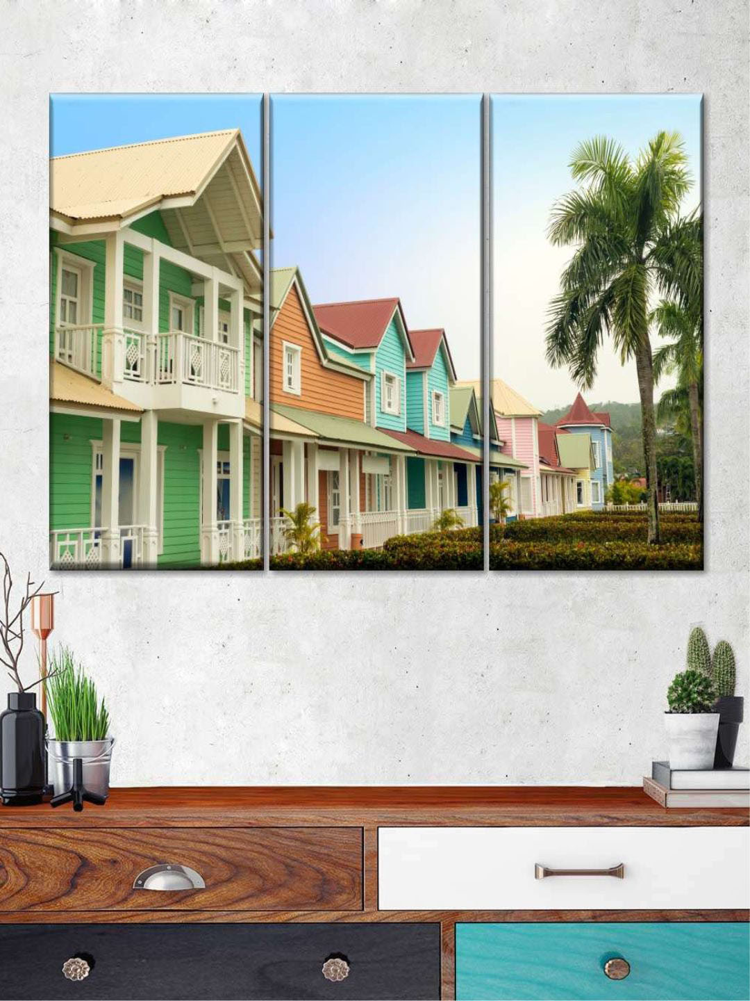 POSTERS AND TRUSS Green & Blue 3 Pieces Caribbean Tropical Houses Painting Wall Art