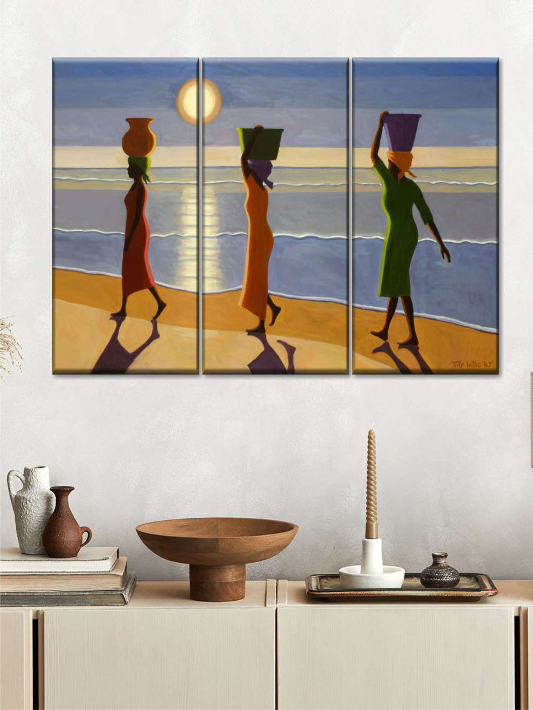 POSTERS AND TRUSS Brown & Blue 3 Pieces By The Beach Painting Wall Art
