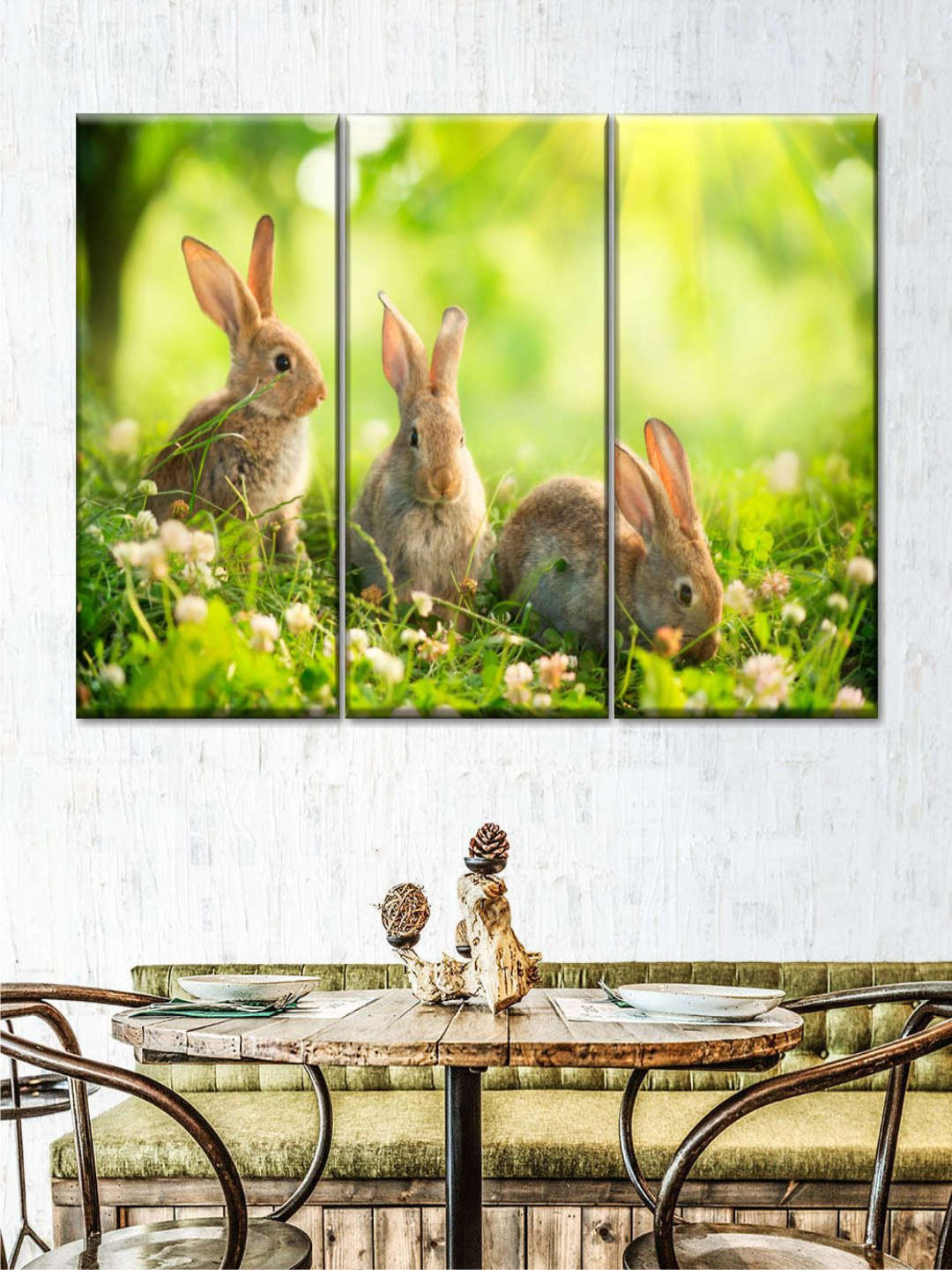 POSTERS AND TRUSS Green & Brown 3 Pieces Rabbits By The Meadow Painting Wall Art