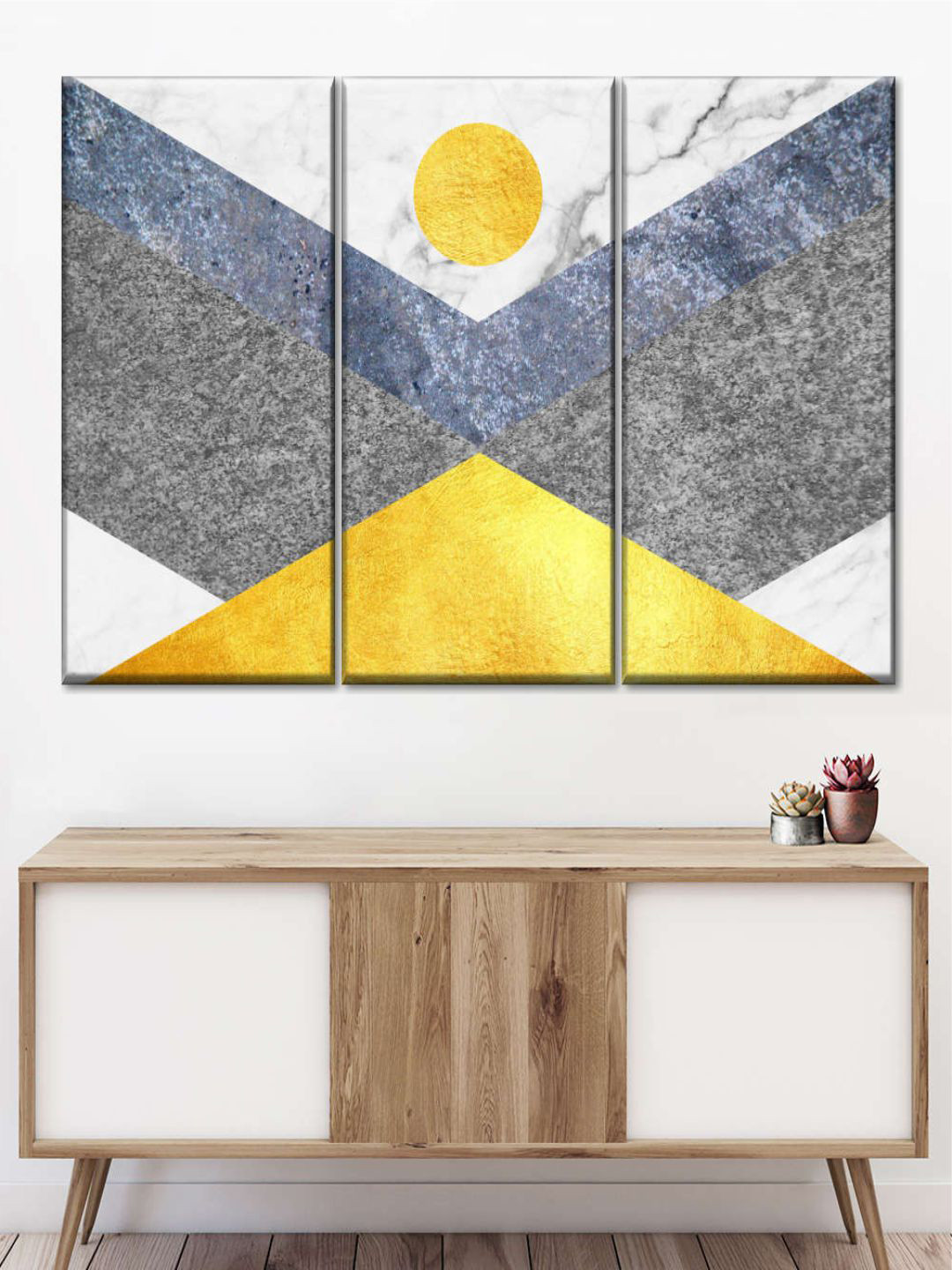 POSTERS AND TRUSS Yellow & White 3 Pieces Marble Textured Geometric Painting Wall Art