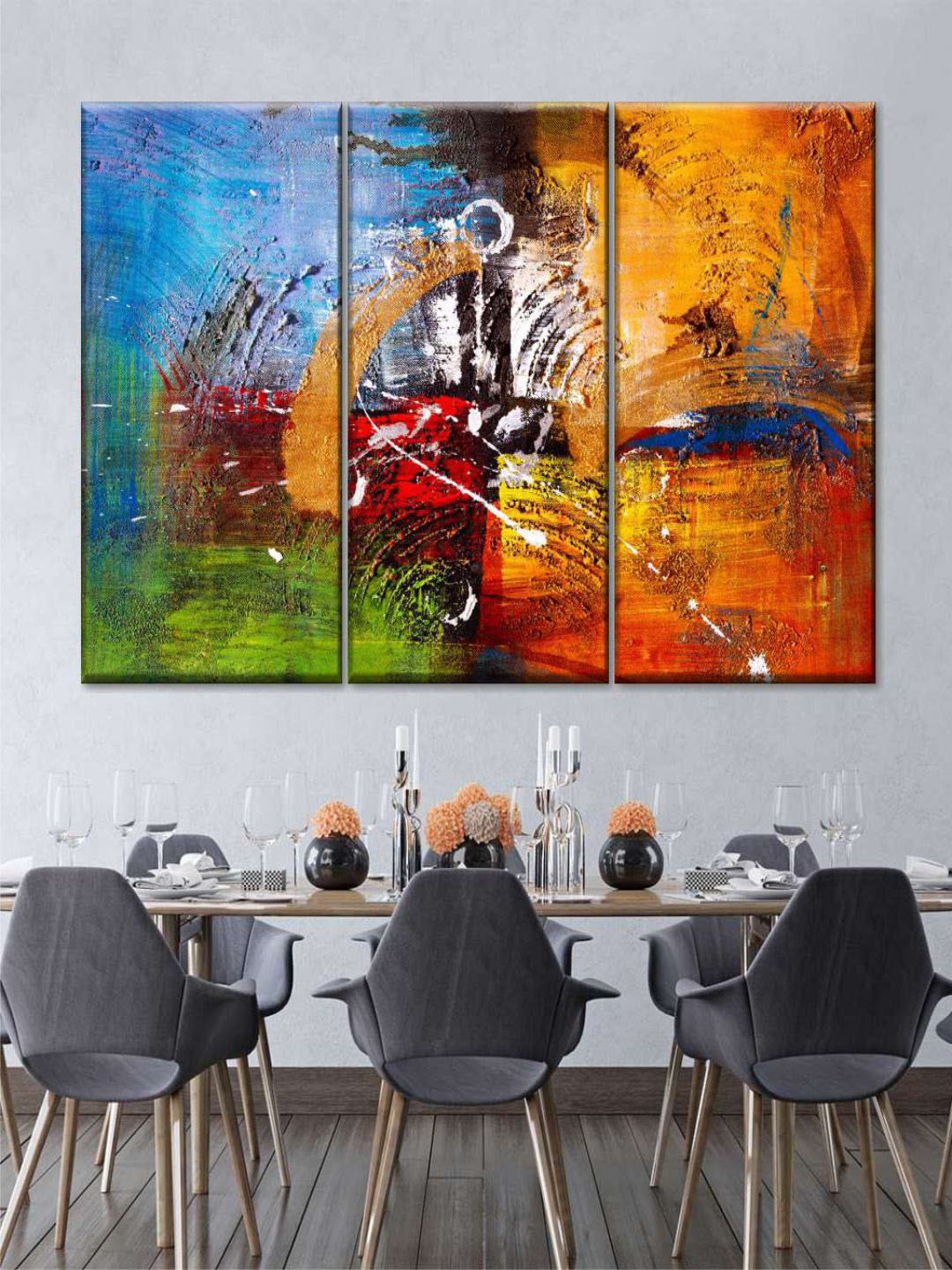 POSTERS AND TRUSS Blue & Mustard Yellow 3 Pieces Colorful Abstract Painting Wall Art