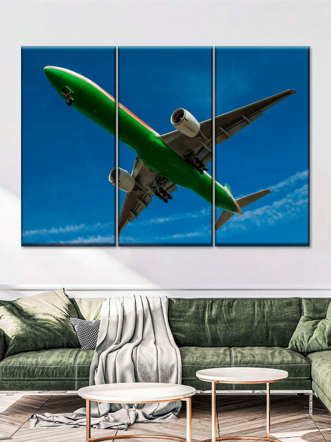 POSTERS AND TRUSS Blue & Green 3 Pieces Boeing 777-300ER Airplane Wall Art
