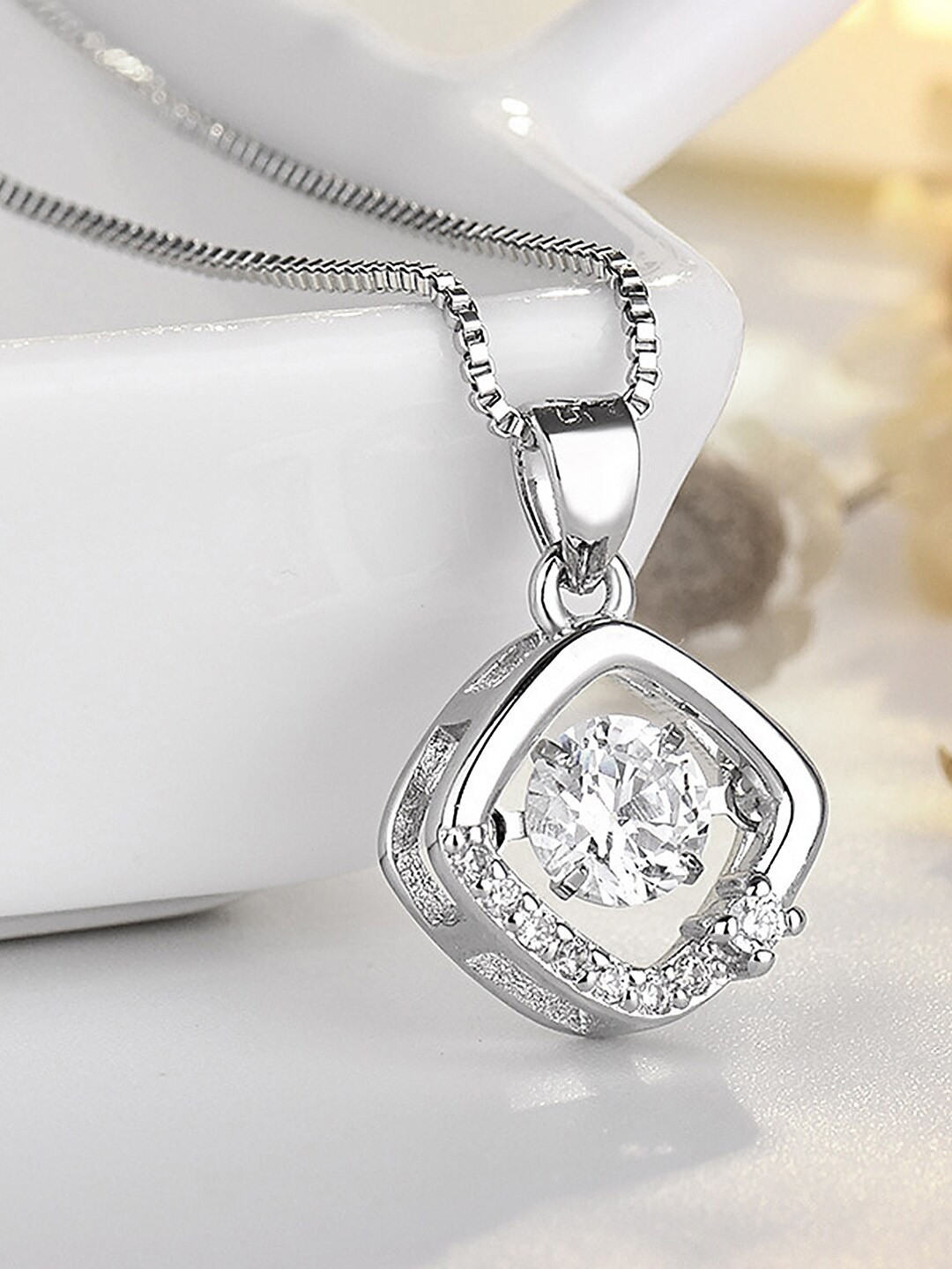 Peora Silver-Plated AD Studded Square Shape Pendant Necklace