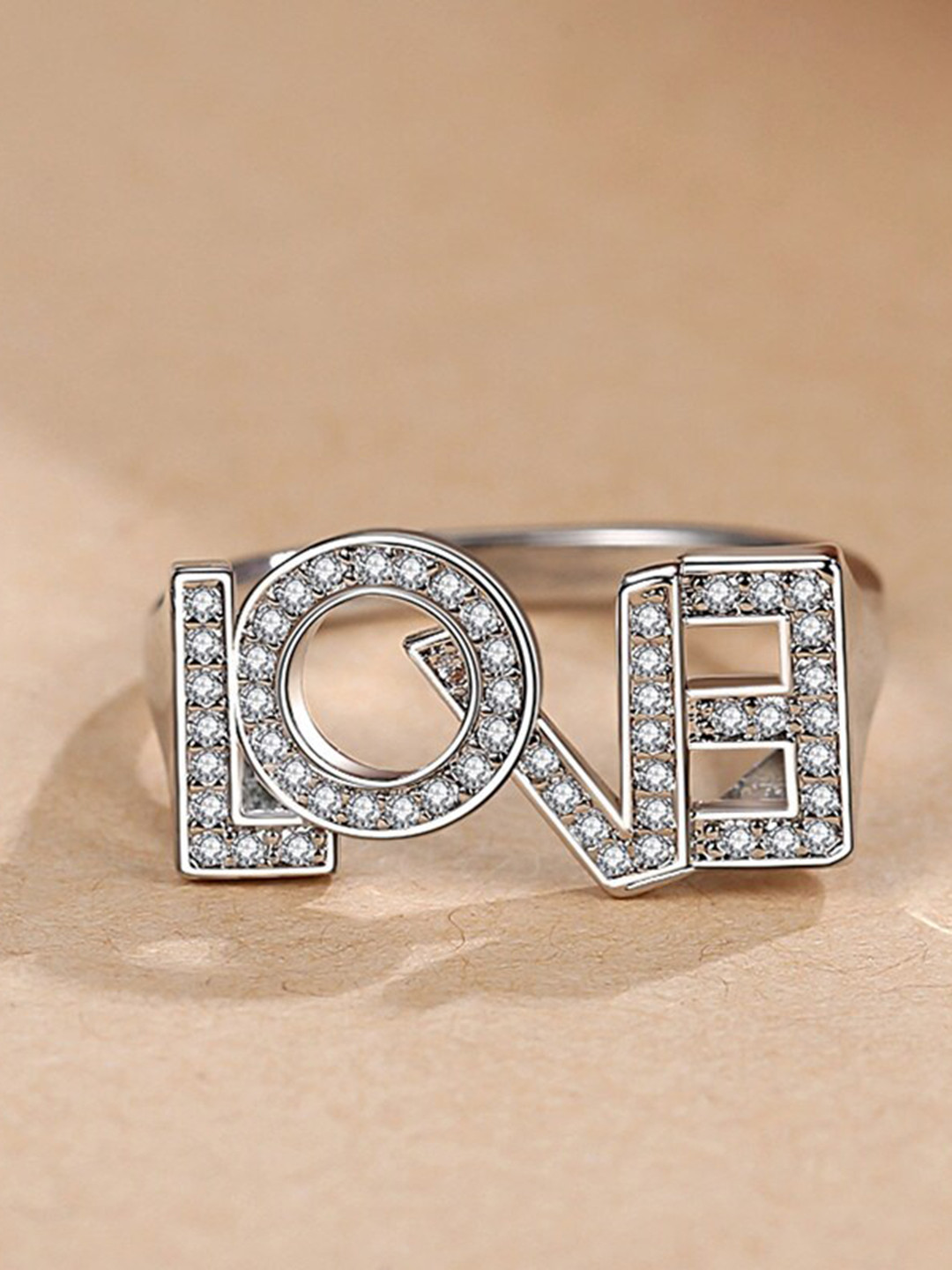 MYKI Silver-Plated CZ Studded Love Initial Finger Ring