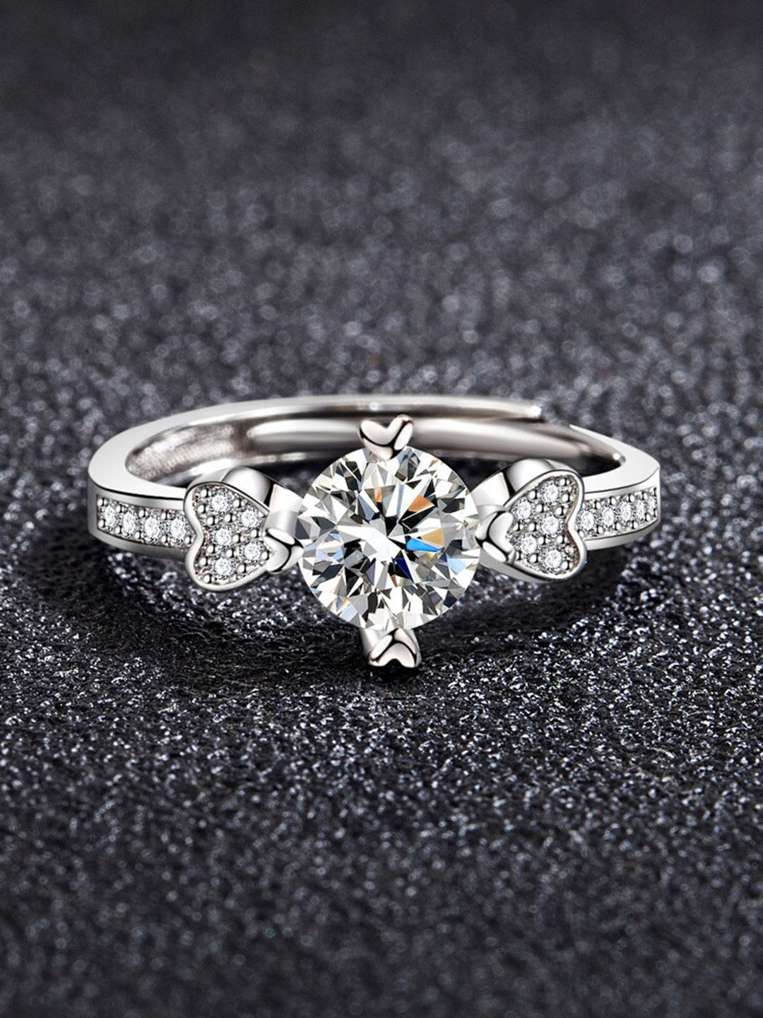 MYKI Silver-Plated Double Side Heart CZ-Studded Adjustable Finger Ring