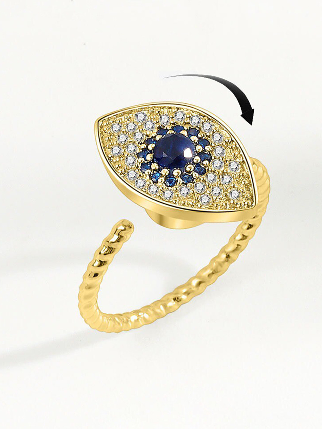 MYKI Gold-Plated CZ-Studded Rotating Cute Evil Eye Stainless Steel Finger Ring