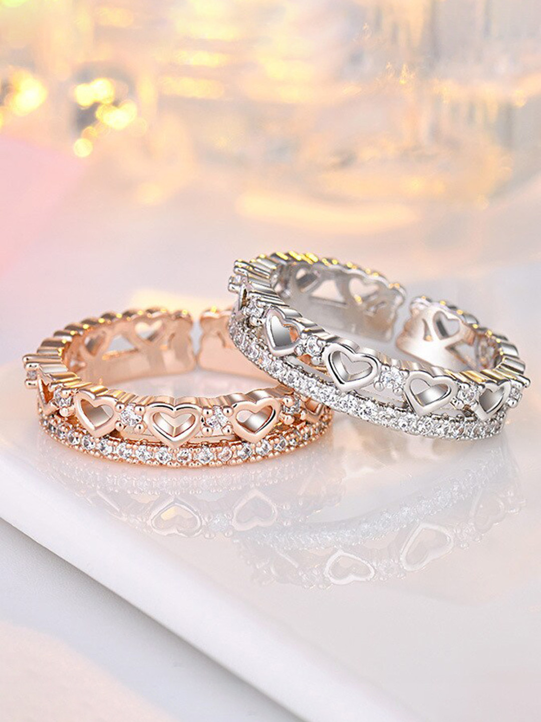 MYKI Rose Gold-Plated CZ Studded Heart Shaped Finger Ring