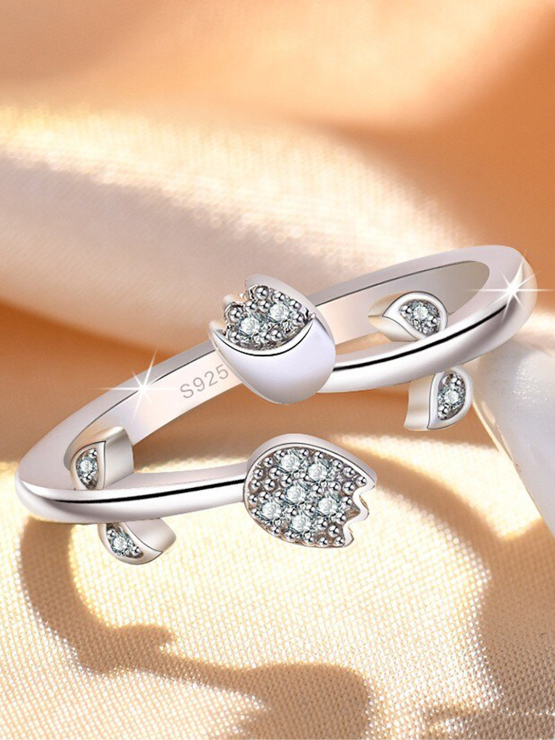 MYKI Silver- Plated CZ Stone Studded Rose Design Adjustable Finger Ring