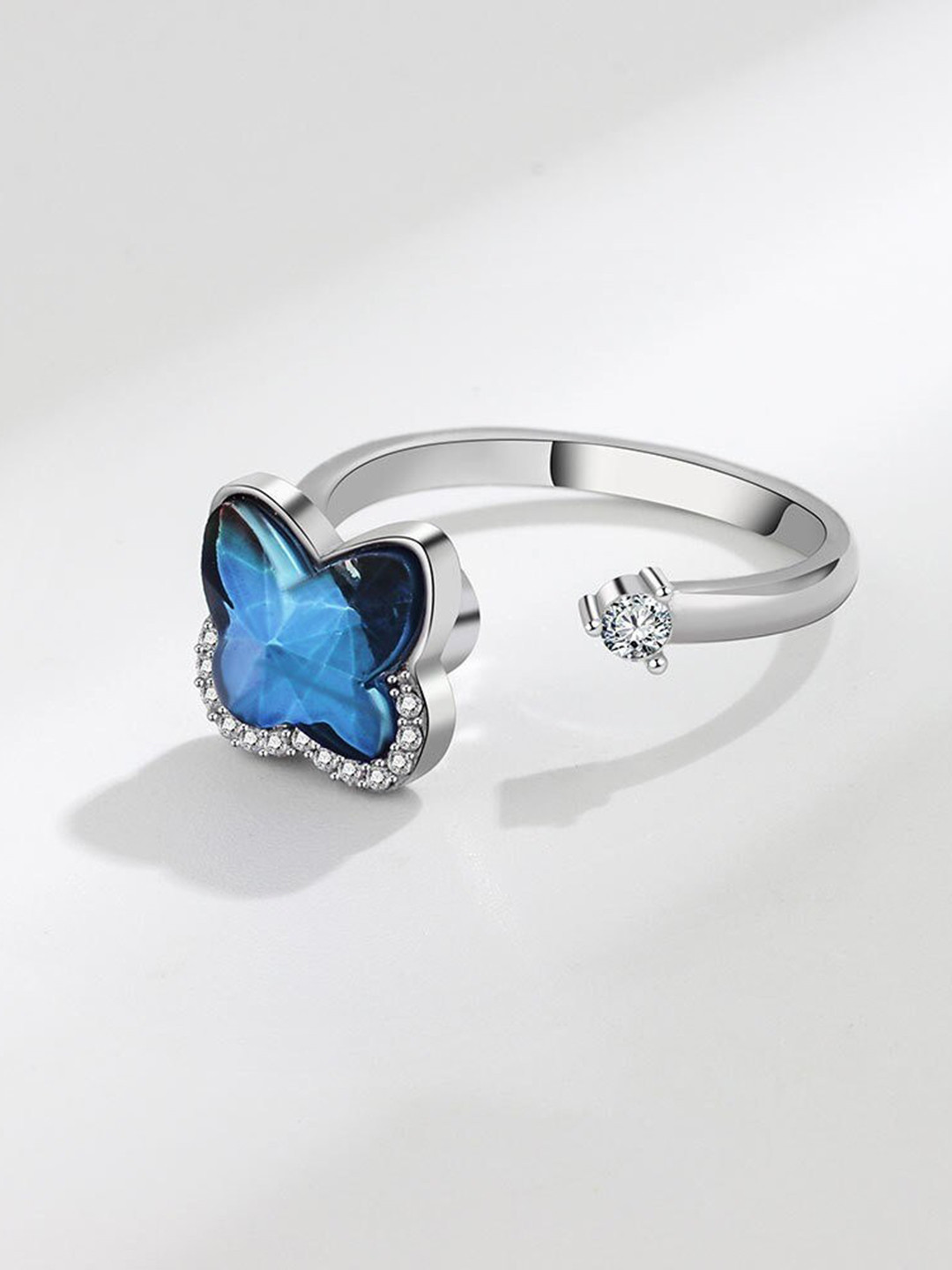 MYKI Women Silver-Plated CZ Stone Studded Rotating Butterfly Adjustable Ring