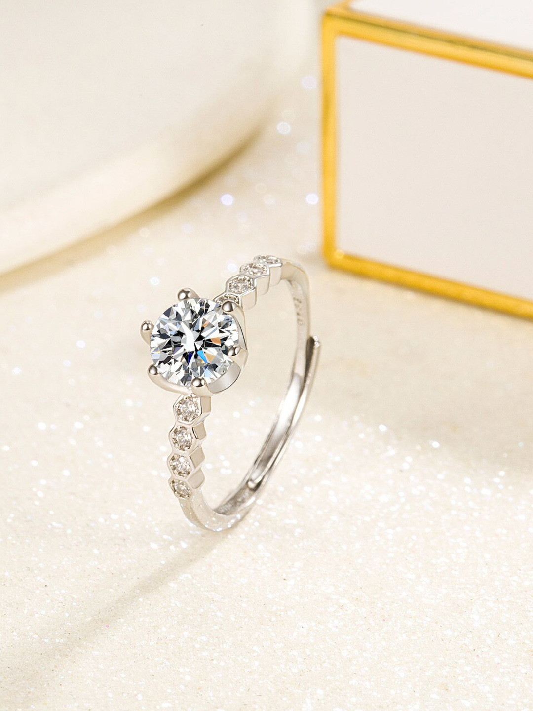 MYKI Silver-Plated CZ Stone Studded Adjustable Finger Ring