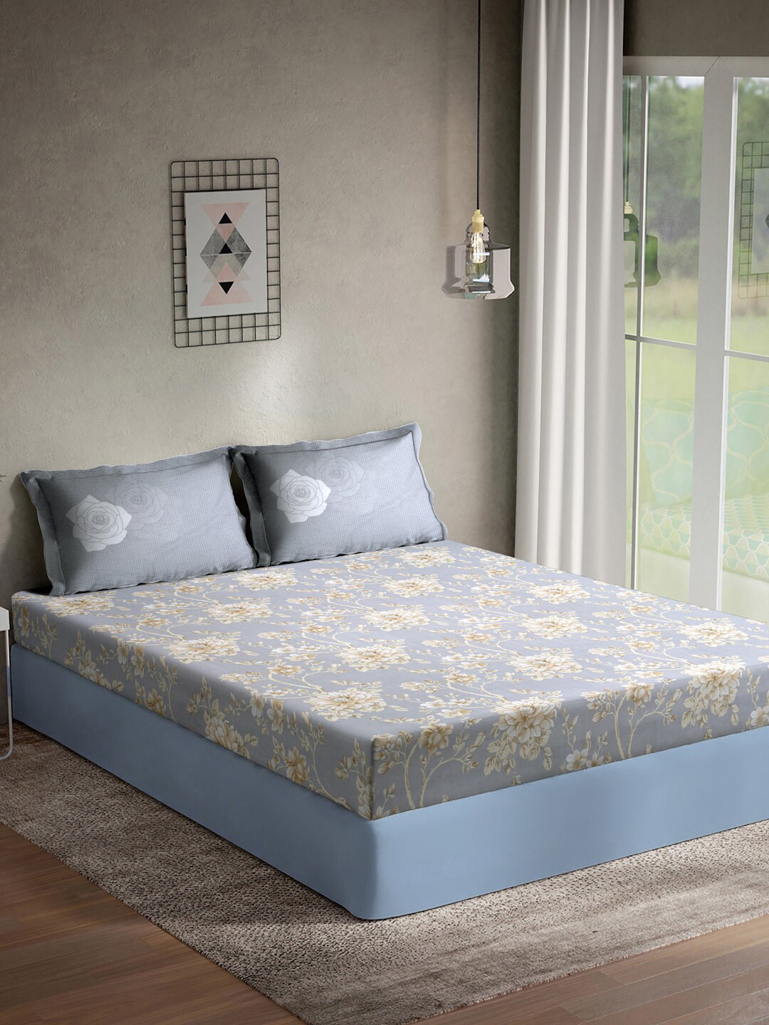 KLOTTHE Grey Floral Pure Cotton Wrinkle Free 400 TC Fitted Super King Superfine Bedsheet with 2 Pillow Covers-270 x 270 cm