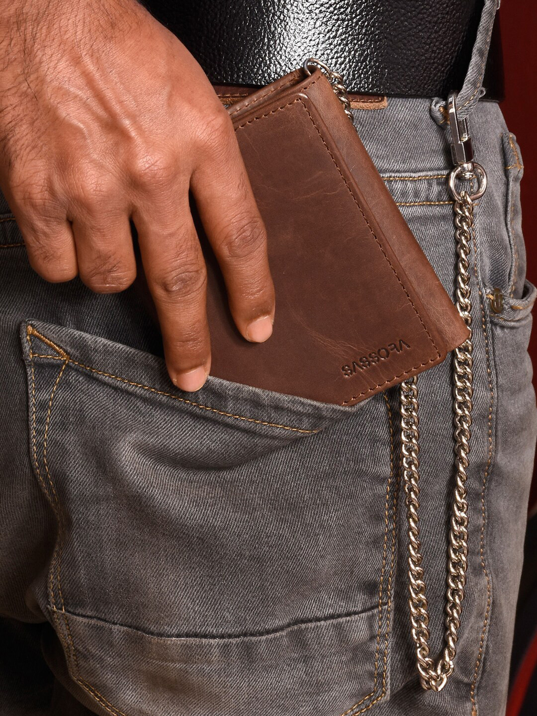 Sassora Men Leather Chain Attached RFID Three Fold Wallet