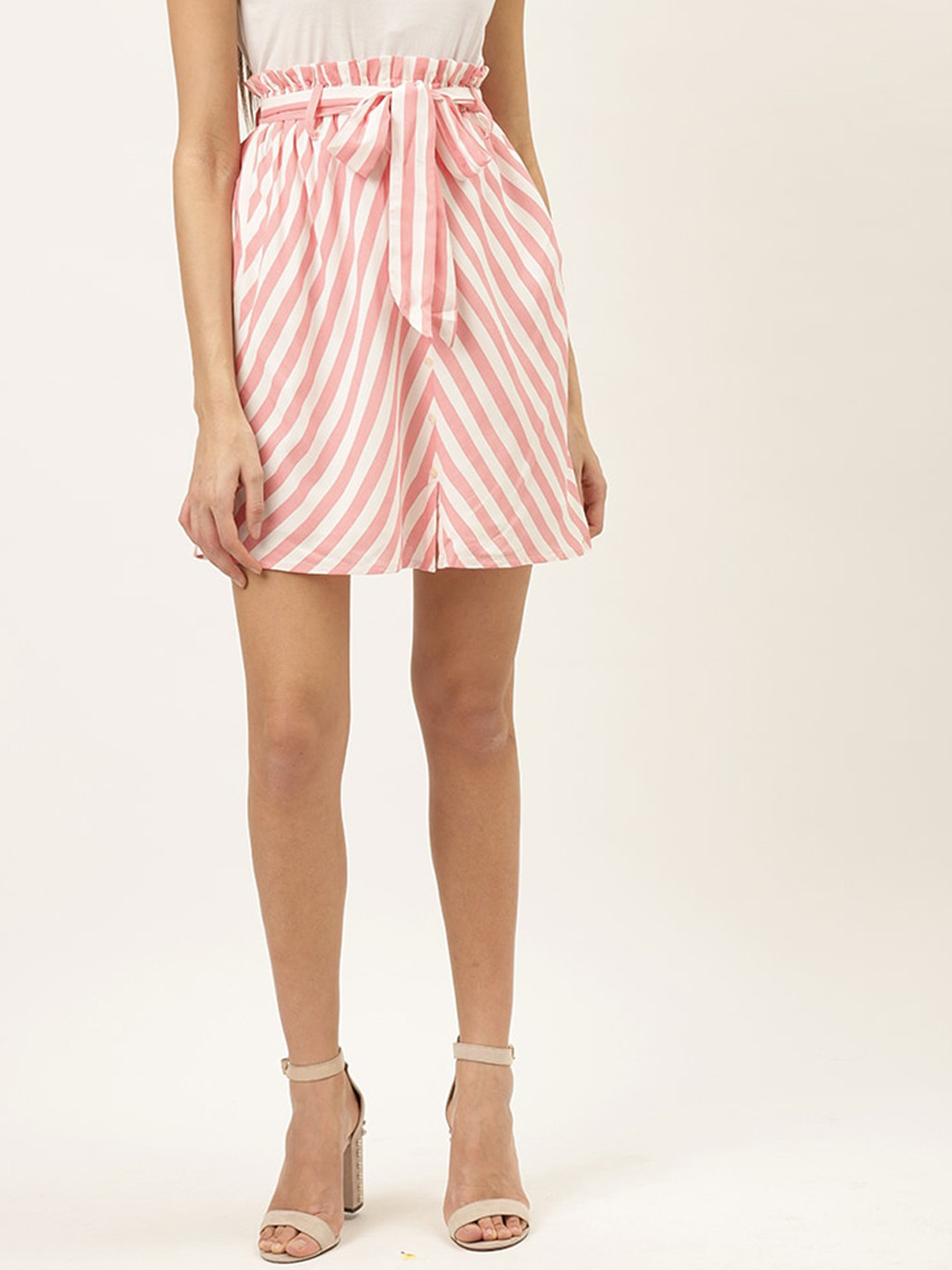 The Dry State Pink Mid-Rise Striped A-Line Mini Skirt