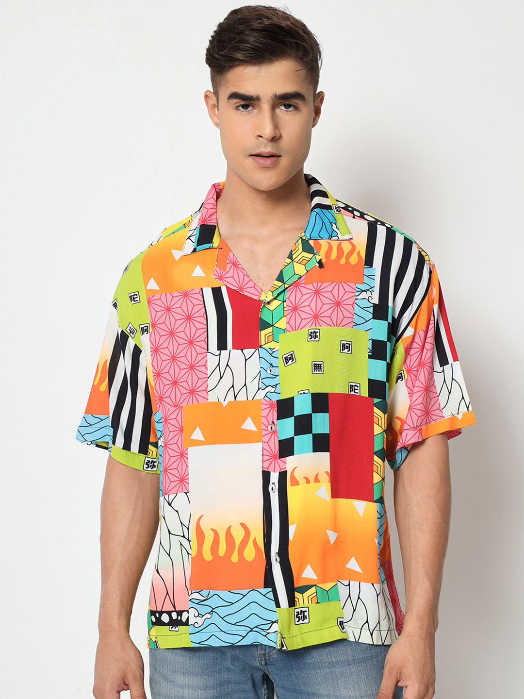 COMICSENSE Men Anime Printed Demon Slayer Oversized Hawaiian Shirt