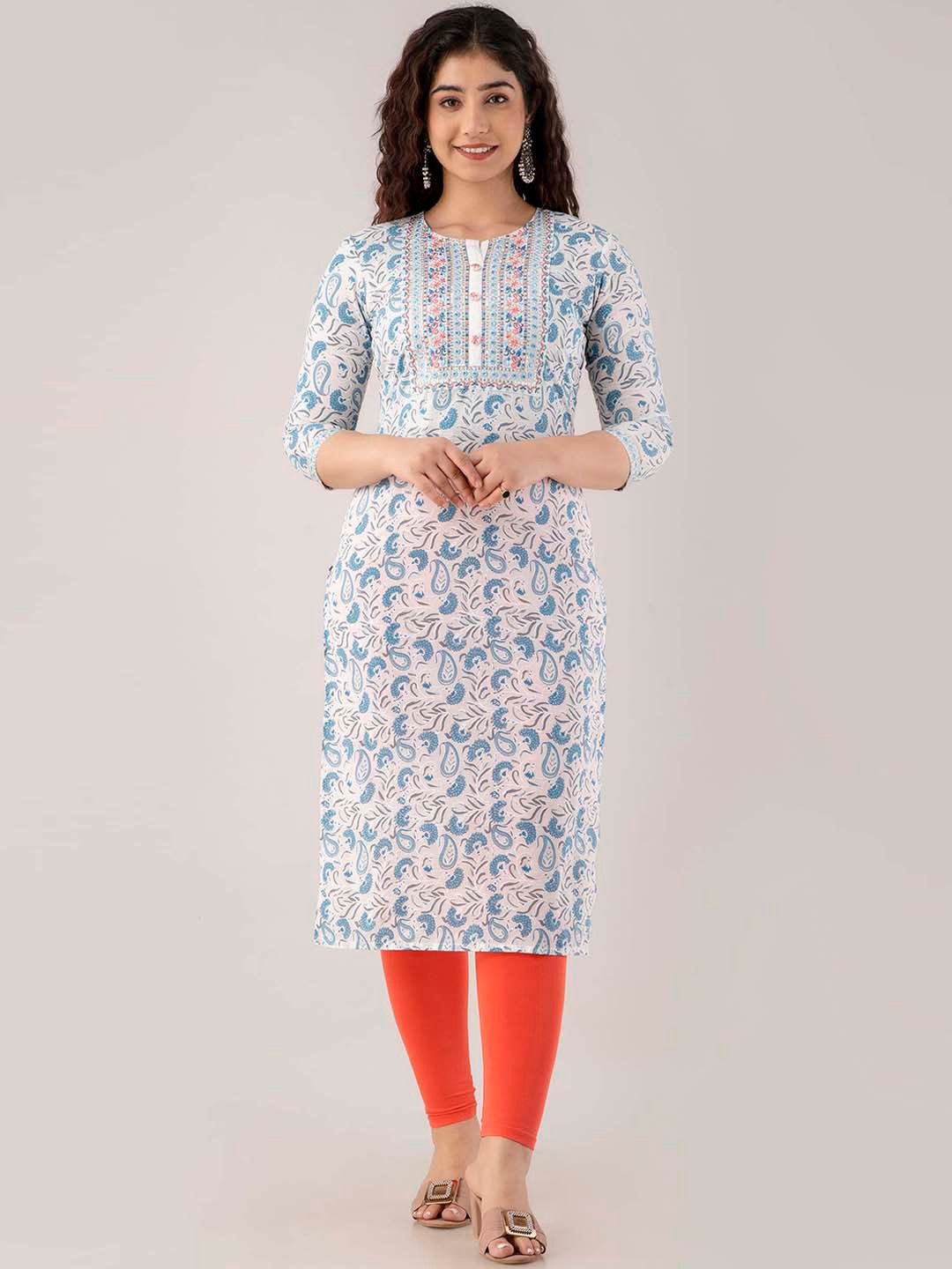 FASHION DEPTH Floral Printed Mirror Work Pure Cotton Kurta