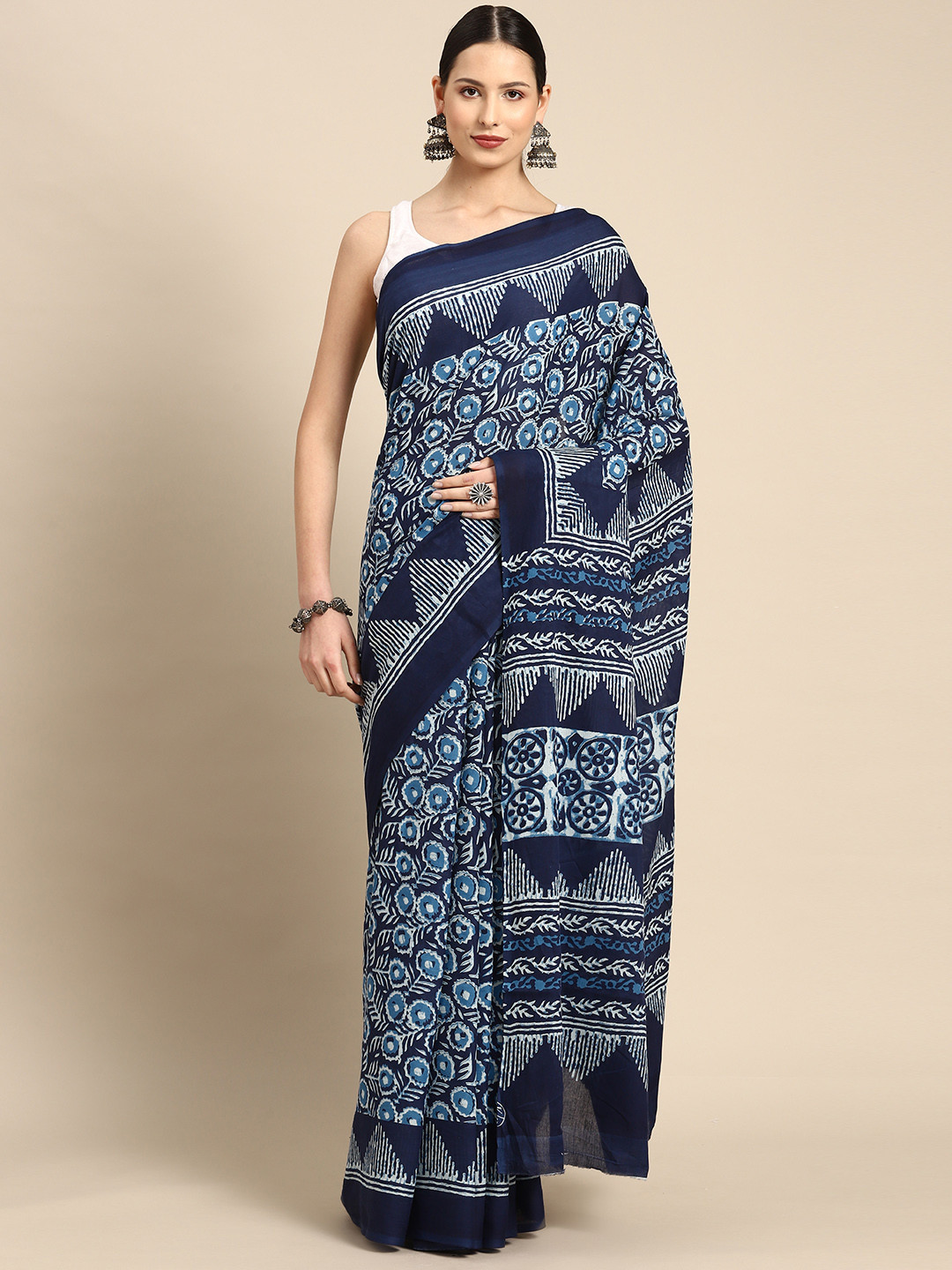 BUTA BUTI Blue & White Floral Pure Cotton Ready to Wear Saree