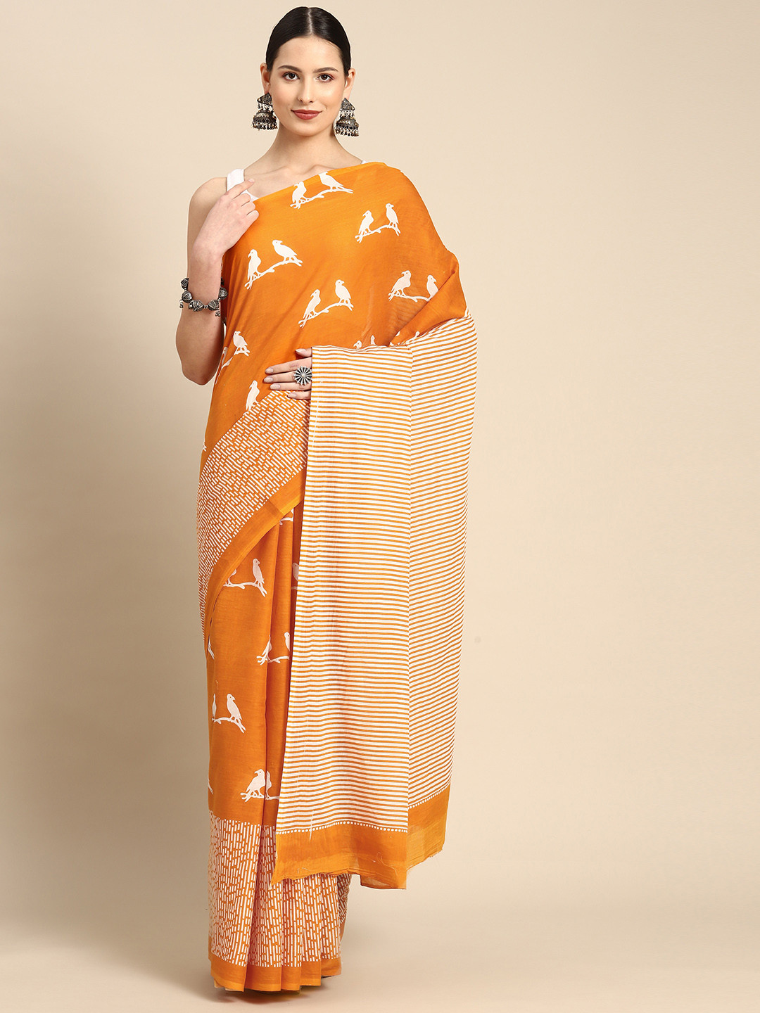 BUTA BUTI Orange & White Pure Cotton Ready to Wear Saree
