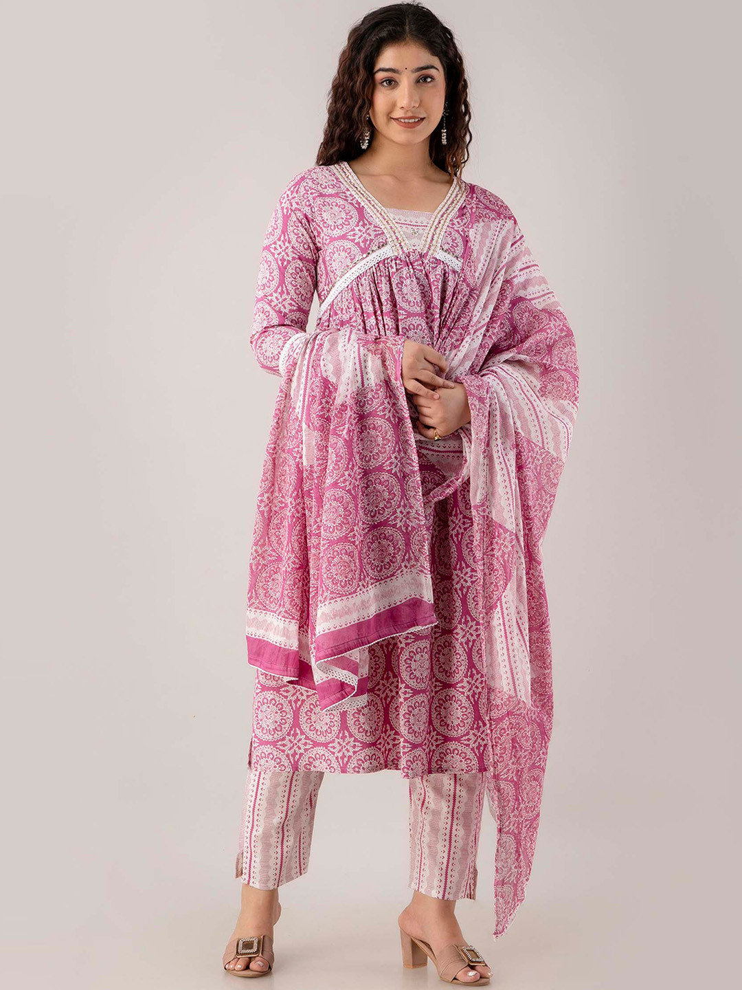 FASHION DEPTH Floral Printed Mirror Work Pure Cotton Kurta with Trousers & Dupatta