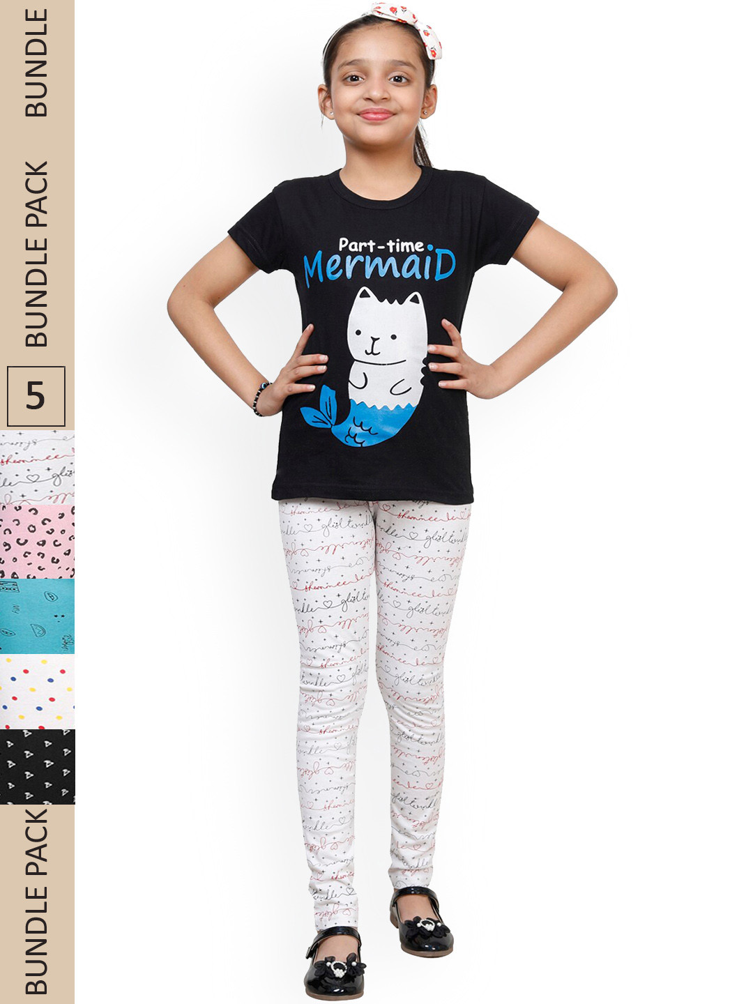 IndiWeaves Girls Pack of 5 Printed Chudidar Length Cotton Leggings