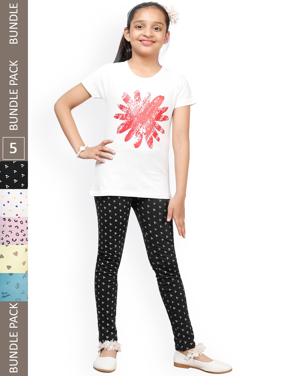 IndiWeaves Girls Pack Of 5 Conversational Printed Pure Cotton Ankle Length Leggings