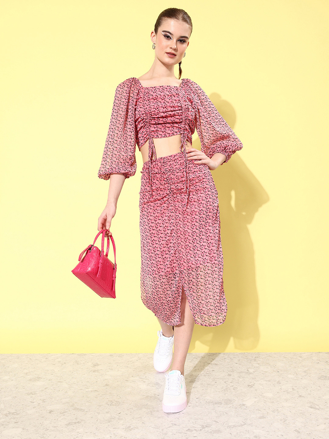 ANVI Be Yourself Women Pink & Black Printed Top with Skirt