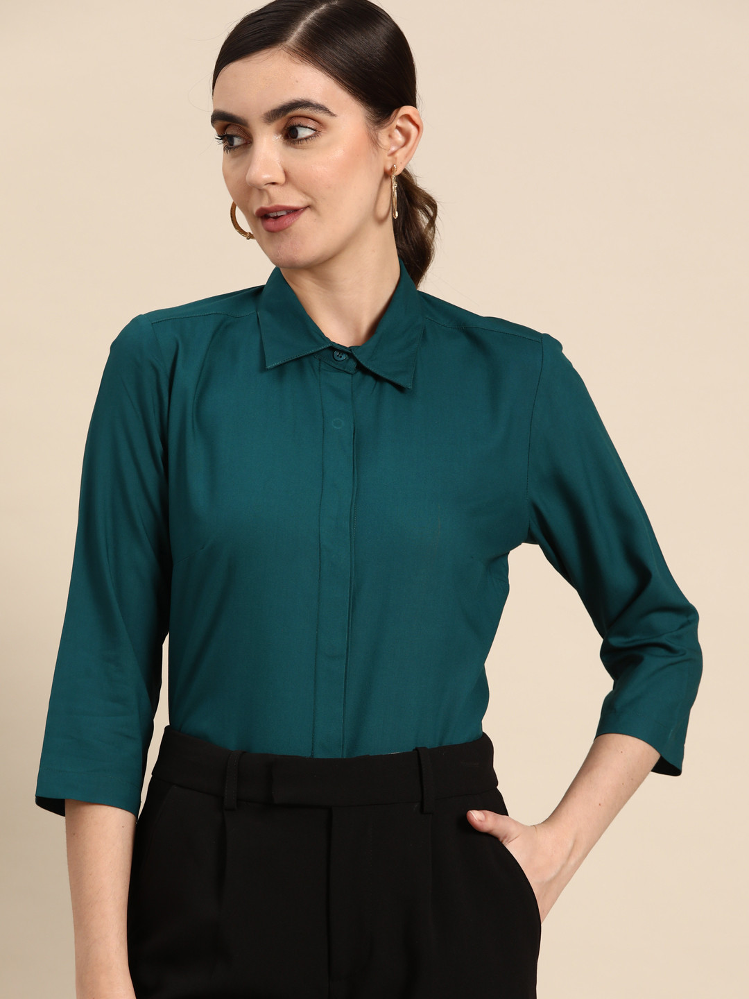 DENNISON Women Teal Smart Slim Fit Opaque Casual Shirt