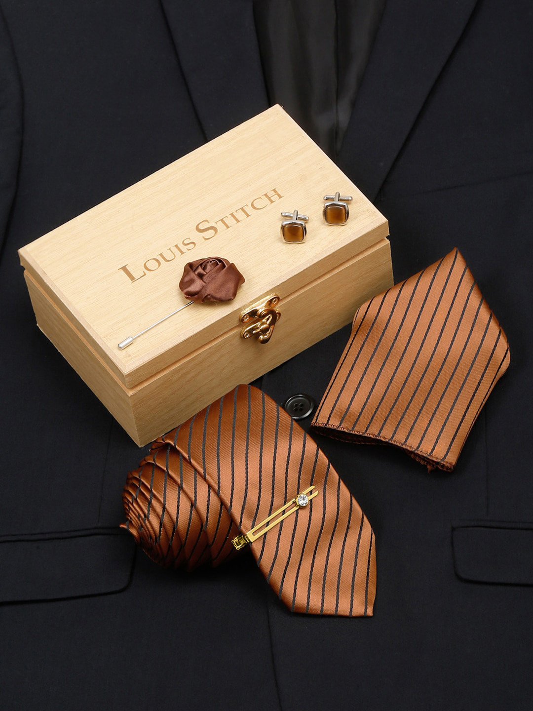 LOUIS STITCH Men Copper Brown Italian Silk Necktie Accessory Gift Set