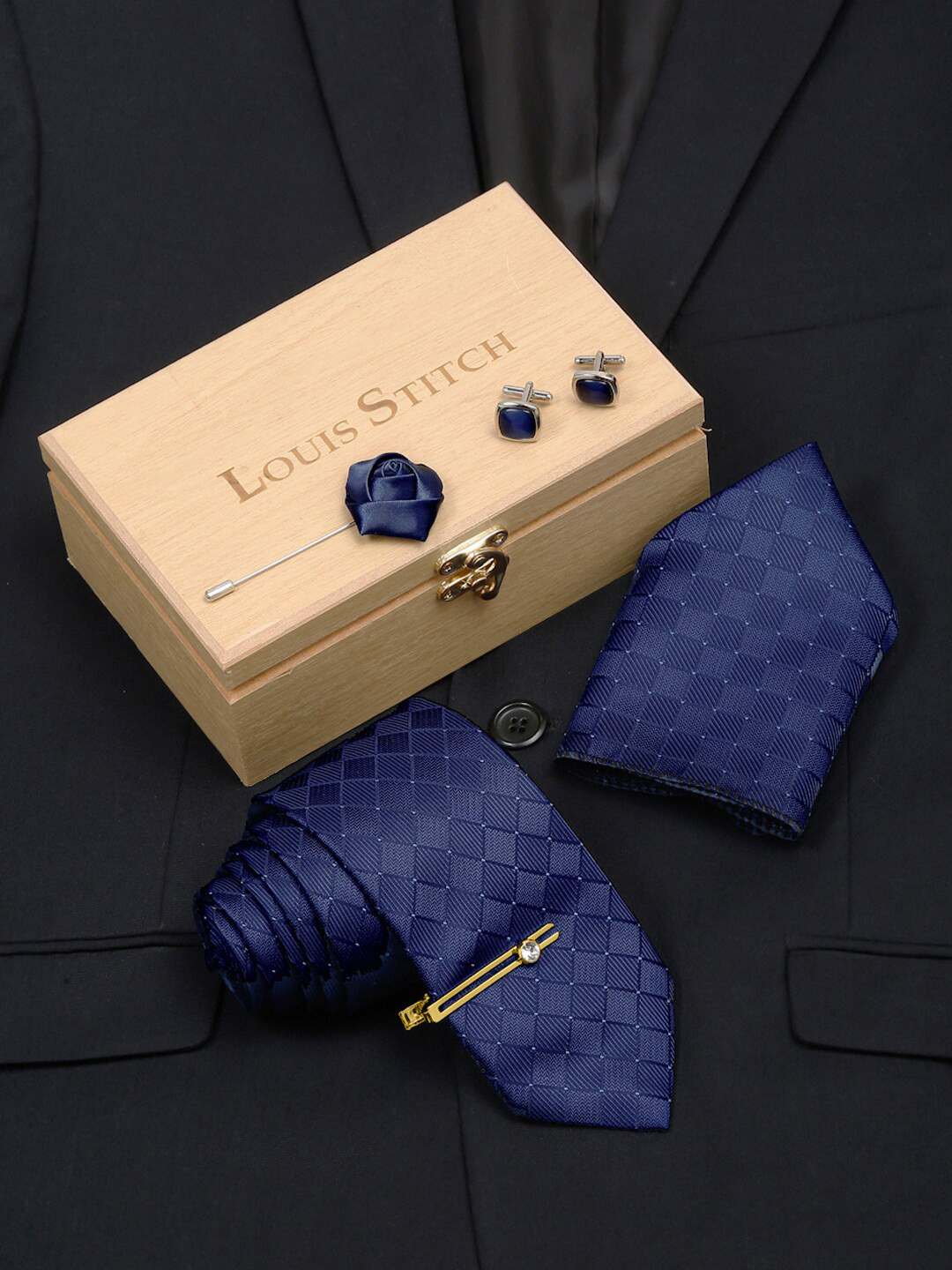 LOUIS STITCH Men Marine Blue Italian Silk Necktie Accessory Gift Set