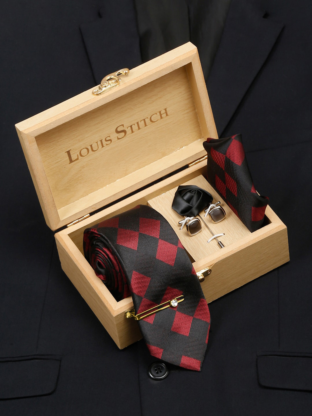 LOUIS STITCH Men's Black and Red Italian Silk Necktie Accessory Gift Set