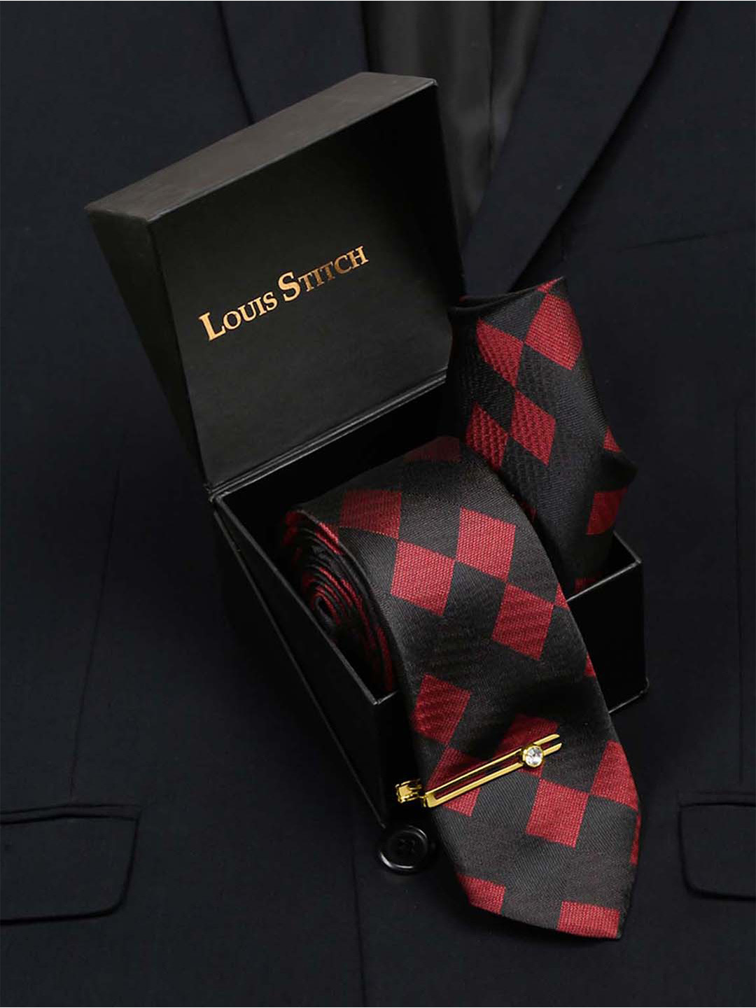 LOUIS STITCH Men's Black and Red Italian Silk Necktie Accessory Gift Set
