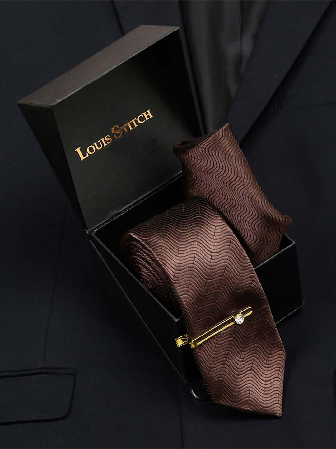 LOUIS STITCH Men Van Dyke Brown Italian Silk Necktie Accessory Gift Set