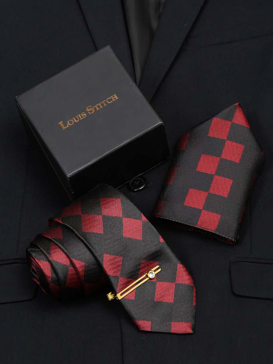 LOUIS STITCH Men's Black and Red Italian Silk Necktie Accessory Gift Set