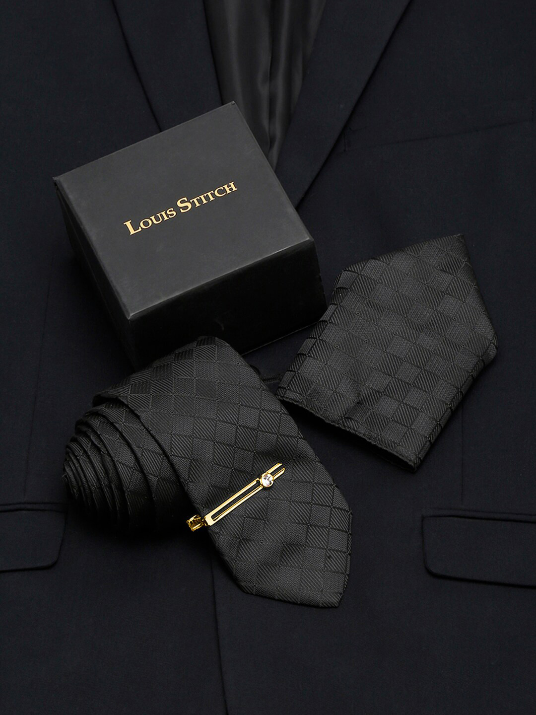 LOUIS STITCH Men's Sable Black Italian Silk Necktie Accessory Gift Set