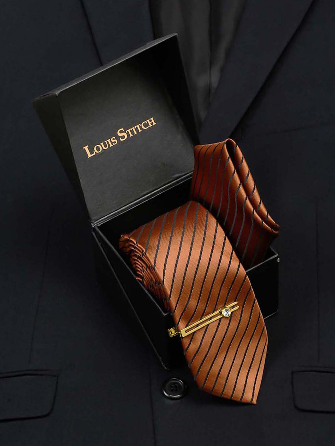 LOUIS STITCH Men Copper Brown Italian Silk Necktie Accessory Gift Set
