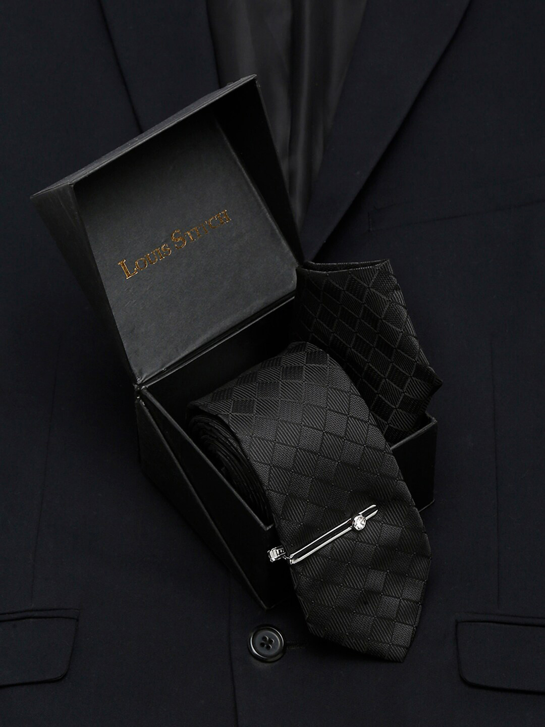 LOUIS STITCH Men's Sable Black Italian Silk Necktie Accessory Gift Set
