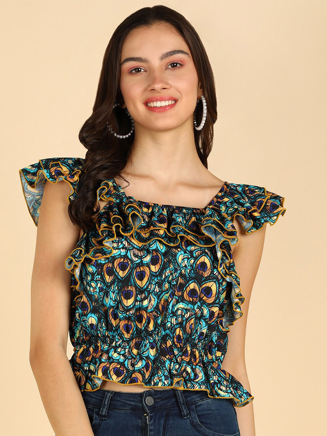 ZNX Clothing Printed Ruffles Cinched Waist Crop Top